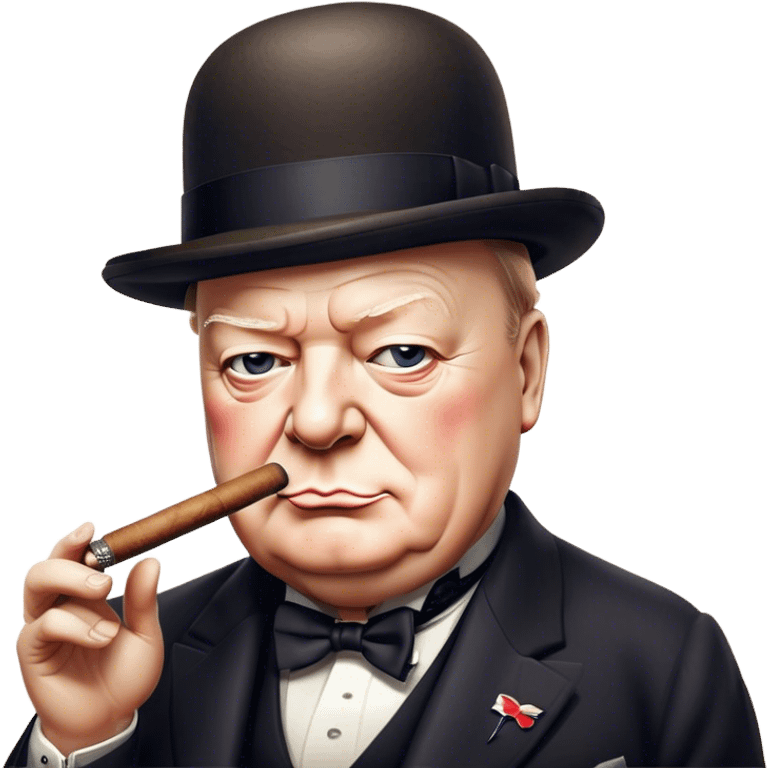 Cinematic Realistic Winston Churchill Portrait Emoji, depicted as a resolute British statesman with a signature bowler hat and a cigar, exuding determined leadership and wartime valor, rendered with lifelike textures and dramatic vintage lighting that captures his iconic British spirit. emoji