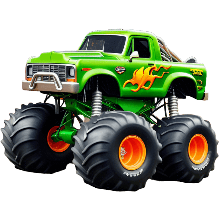 Grave Digger - Monster Jam (Model Year: 2022) (Iconic colour: Green with flames) - A legendary monster truck with a fearsome design: predominantly deep green with dynamic, vibrant flame graphics in bright orange and yellow. Highlight its rough, edgy bodywork and an aura of untamed rebellion. emoji