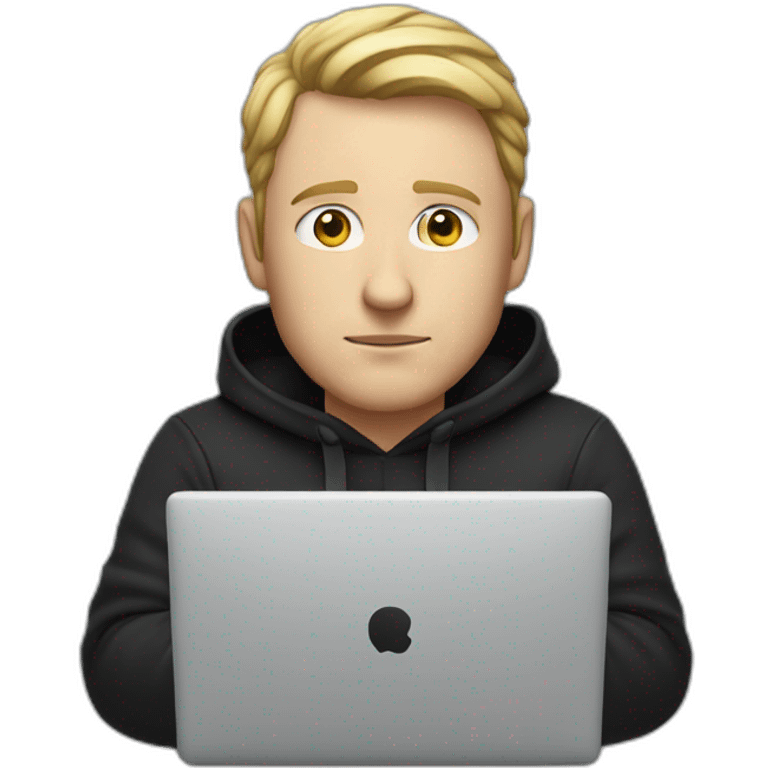 a serious-looking white man, wearing a black hoodie, behind a laptop screen emoji