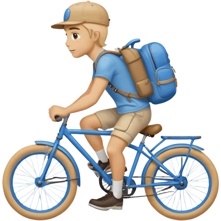 A blond guy in a cap and with a backpack on his back rides a blue bike emoji