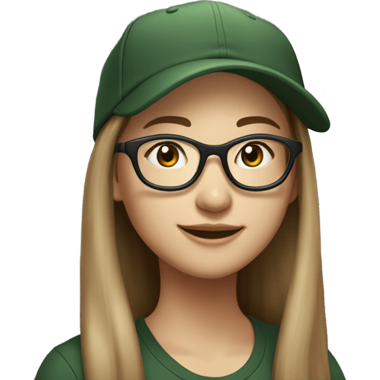 Hyper realistic, look from side, asian adult woman, light white skin, smiling with teeth, black eyes, spotted frame glasses, long light brown straight hair, black T-shirt, dark green cap. emoji