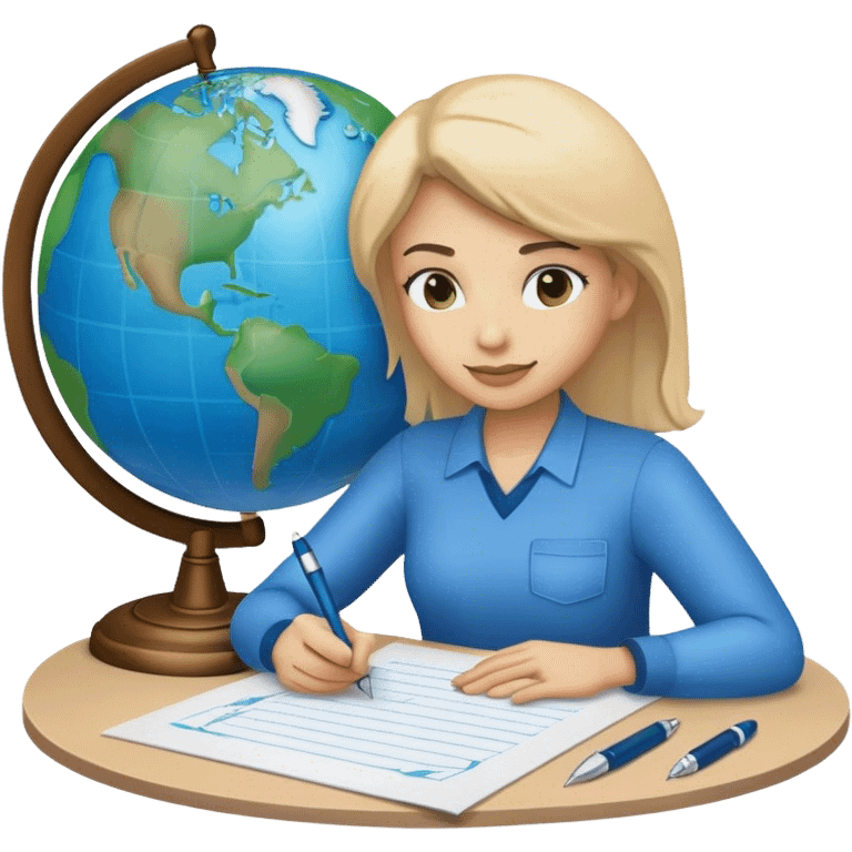 Create an emoji representing language translation. The design should feature just one globe in the background, symbolizing international communication. In front of the globe, place two books or sheets of paper with texs on them and a pen nearby to indicate the act of writing. Use a clean and professional color palette with blues, greens, and neutral tones. Make the background transparent. emoji