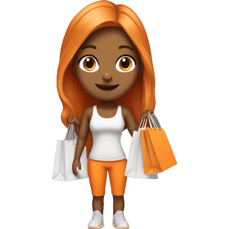 Tan girl with long orange hair wearing cute gym outfit holding shopping bags emoji