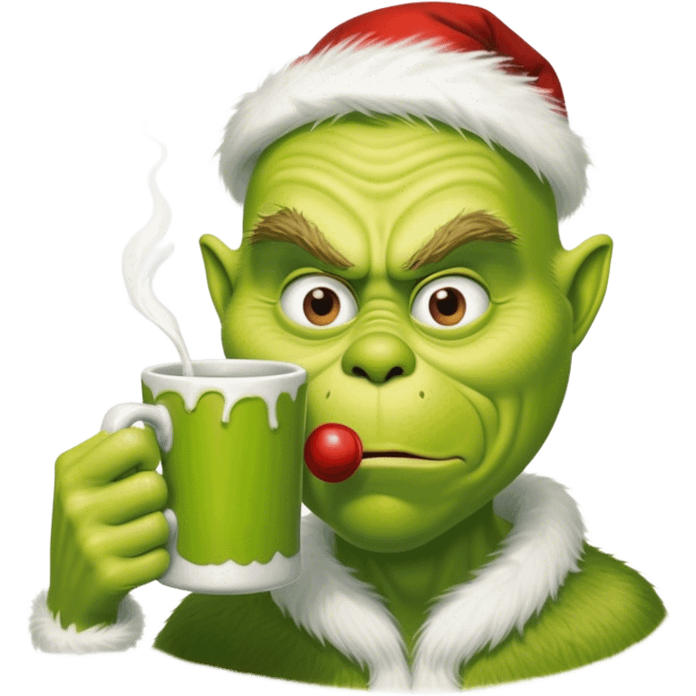 Creepy guy drinking from a Grinch mug emoji