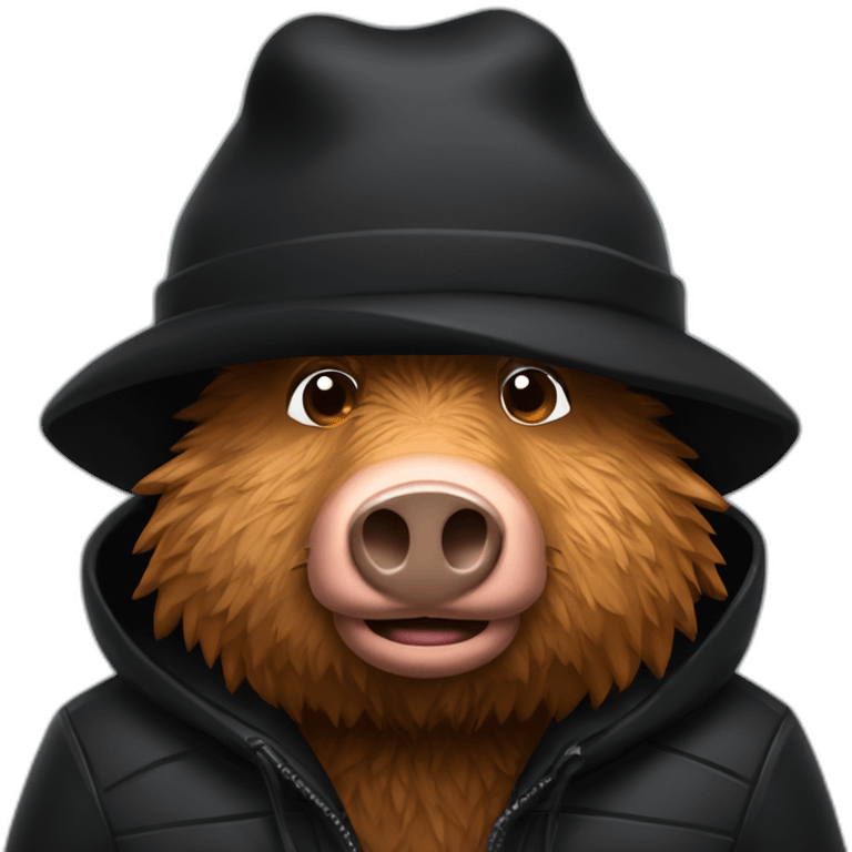 fullface wild very tired brown boar with stubble in a black jacket and a black winter hat emoji