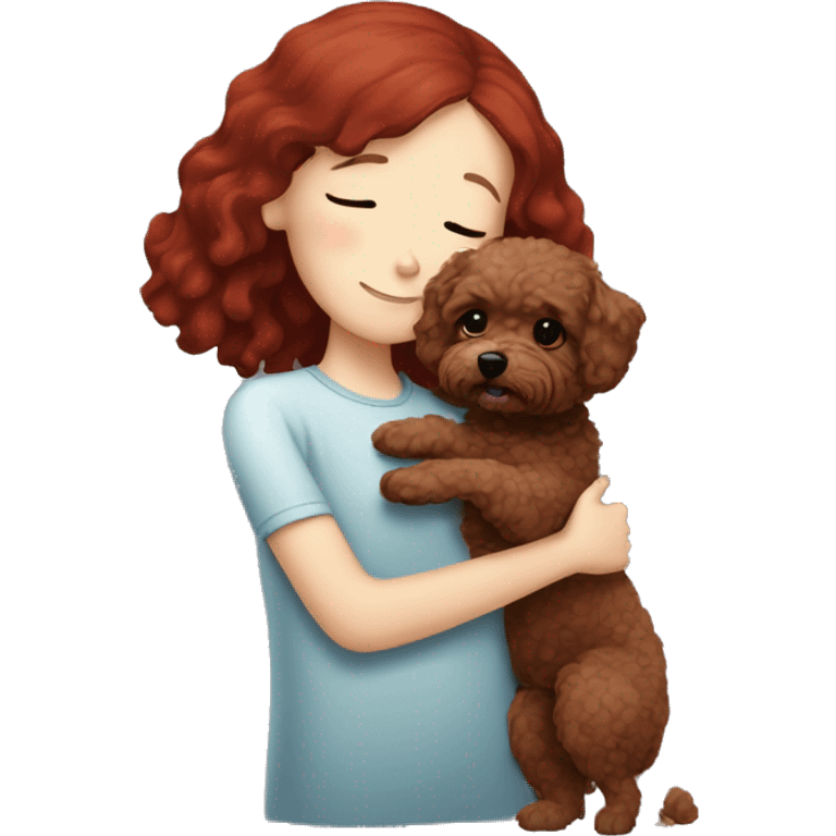 Dark-red-haired girl hugs  her Maltipoo-Black-dog emoji