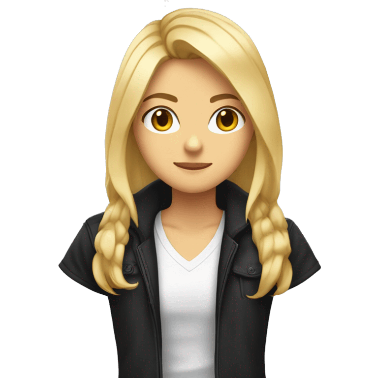 Create an anime-style emoji of a character with shoulder-length blonde hair, a confident expression, and a black jacket over a white t-shirt. Simplify the background and focus on the face and upper body, capturing an intense yet cool look. emoji