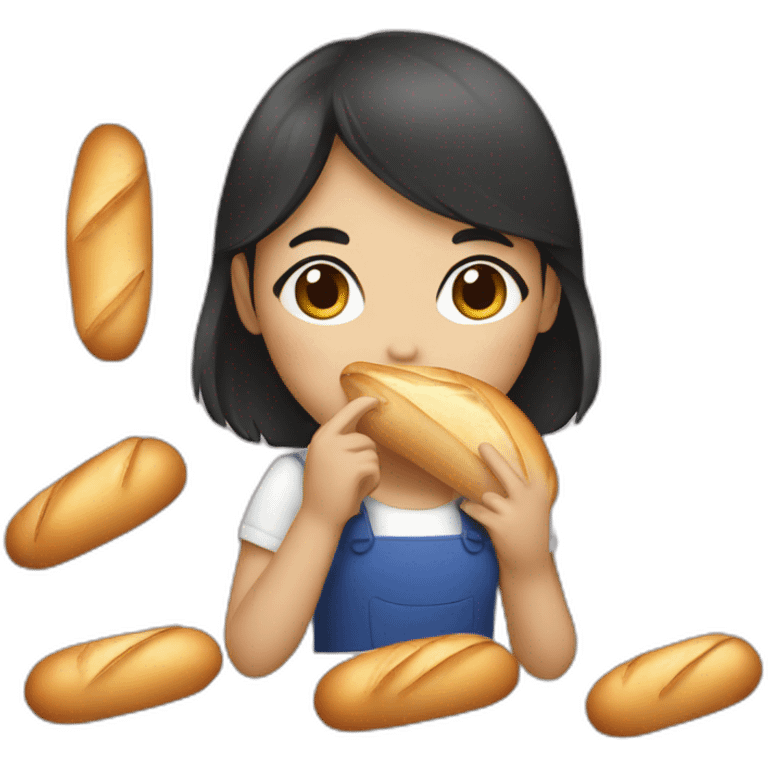 dark hair girl eating french baguette emoji