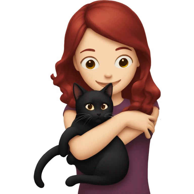 realistic girl with burgundy hair hugs a black cat emoji