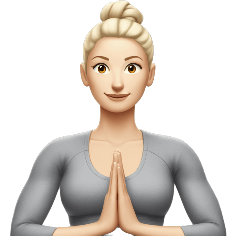 Pale skinned fit woman In a gray tight yoga suit and wristbands With ash blonde hair in a bun doing yoga emoji