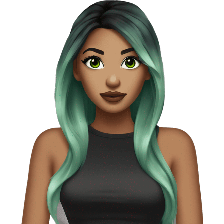 Glamorous, streetwear, cocktail dress, black balayage hair, half up half down hair, olive skin, green almond eyes, winged eyeliner with big lashes emoji