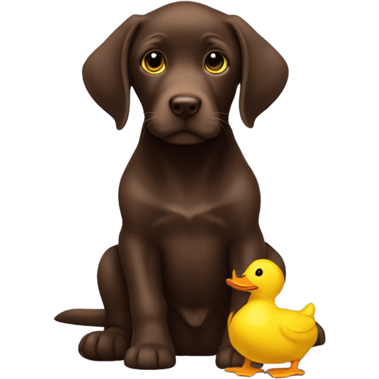 Chocolate lab puppy with big yellow duck toy emoji