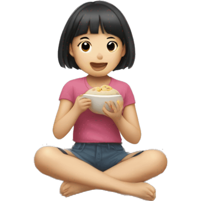 asian girl sitting by window eating  emoji