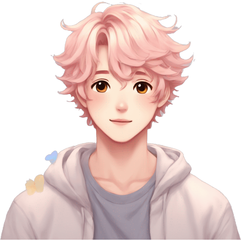 Gorgeous pastel anime style shojo man with blushing face and butterflies aesthetic and pretty hair trending style emoji