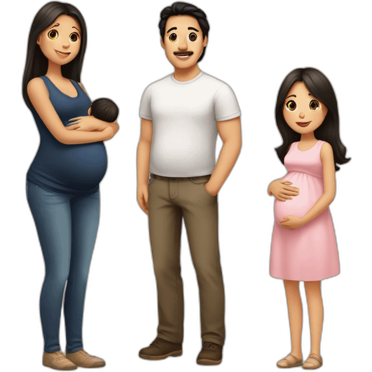 dad with black hair, pregnant mum with long brown hair, baby girl with light brown hair emoji