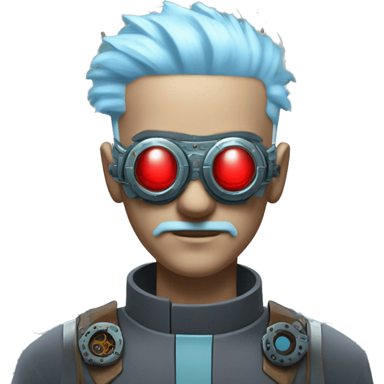  Short light blue haired male cyborg head with light blue beard, red steampunk goggles and circuits emoji