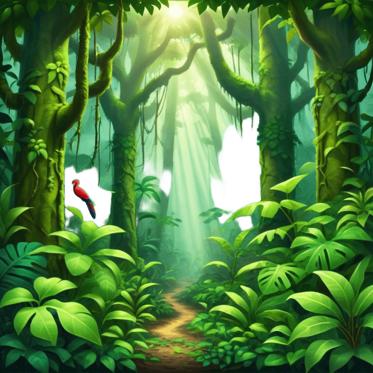 Cinematic Realistic Rainforest Emoji in a frame, Lush and vibrant, filled with towering trees, thick vines, and dense green foliage, sunlight filtering through the canopy above, creating dappled patches of light on the rich, diverse undergrowth. The air is heavy with moisture, with mist rising from the forest floor and distant calls of exotic birds and animals echoing through the trees. Soft glowing outline, capturing the essence of a thriving, untamed tropical paradise filled with life! emoji