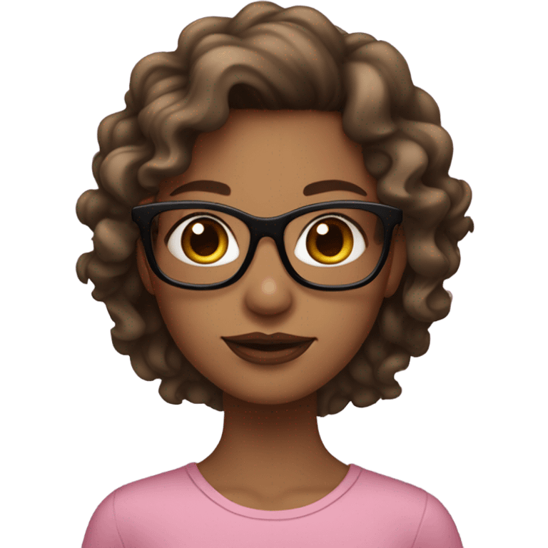 A tan girl with hazel eyes pink lips black glasses and brown wavy hair emoji