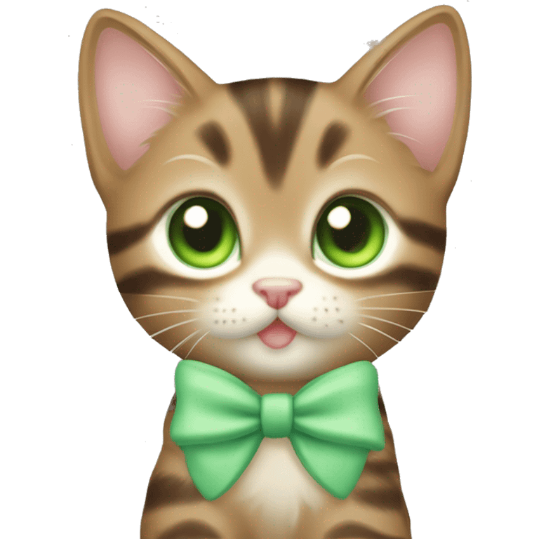 kawaii brown tabby kitten with green eyes and pastel green bow on head emoji