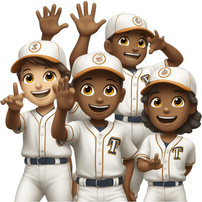 Kids baseball team doing the Texas hook’em  emoji