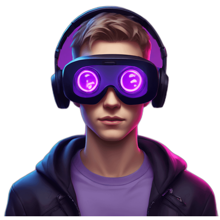 Russian young man wearing a black hoodie with "OMG" letters on it and VR headset in a cyberpunk VR environment with violet neon lighting. emoji