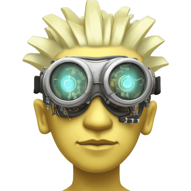 Pastel light yellow Mohawk cyborg head with silver steampunk goggles, goatee and circuits emoji