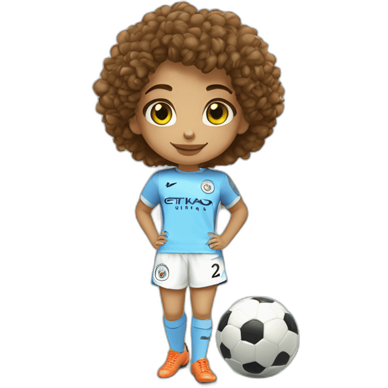 girl with short curly brown hair and eyes wearing Manchester City football shirt, fluro orange soccer boots, standing with a soccer ball emoji