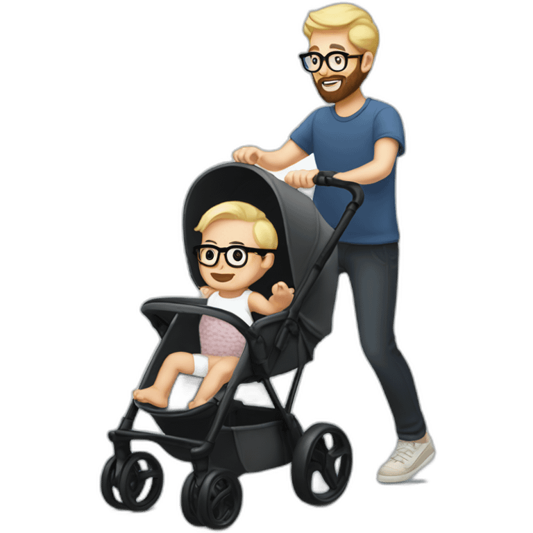 White man with Black hair,  beard and glasses pushing buggy with blonde baby emoji