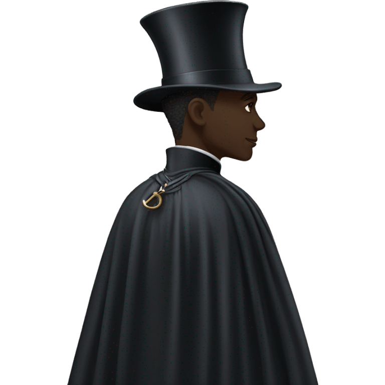 back profile of black magician, cape that says Dior emoji