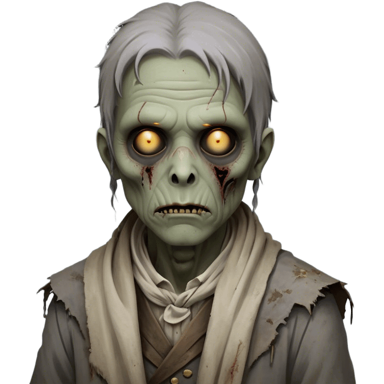 Cinematic Noble Zombie Portrait Emoji, Surprisingly dignified and somber, with a decaying yet strangely regal visage in ashen grays and muted tones, draped in tattered attire hinting at a lost grandeur, simplified yet meticulously detailed, glowing with a soft, eerie radiance and a gentle outline that evokes the tragic nobility of the undead! emoji