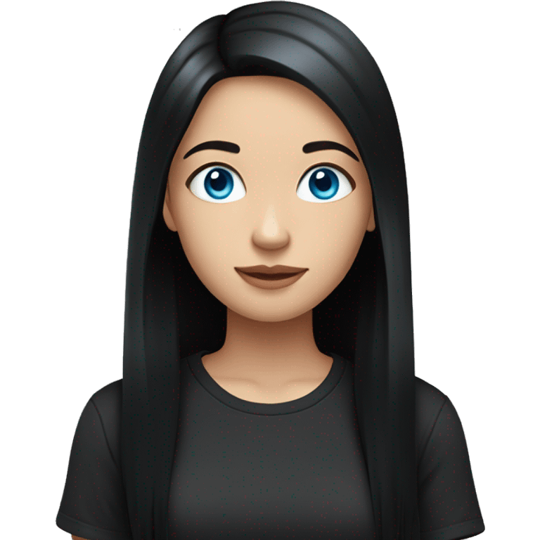 girl, long black hair, blue eyes, fair skin in a black T-shirt emoji