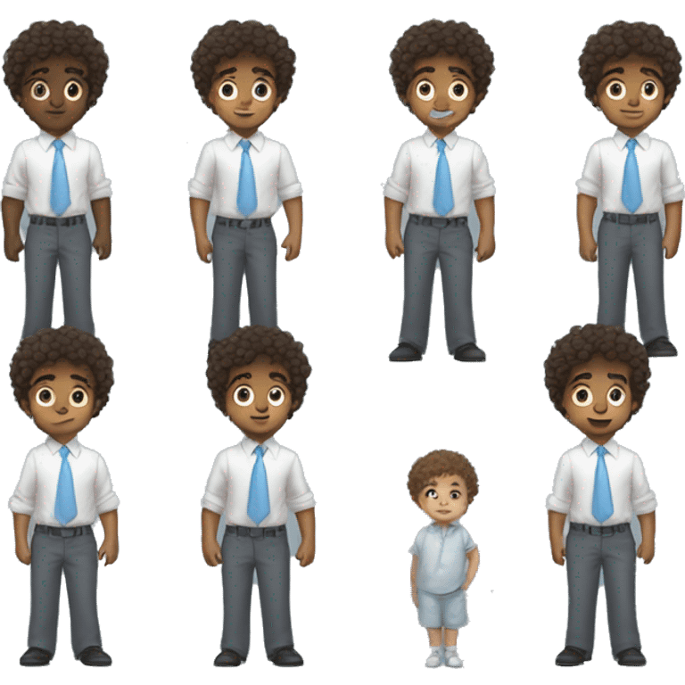 Little young  gentleman wearing a grey suit with white shirt and baby blue tie with blue eyes , black boy and brown curly hair and full body . Wearing a watch  emoji