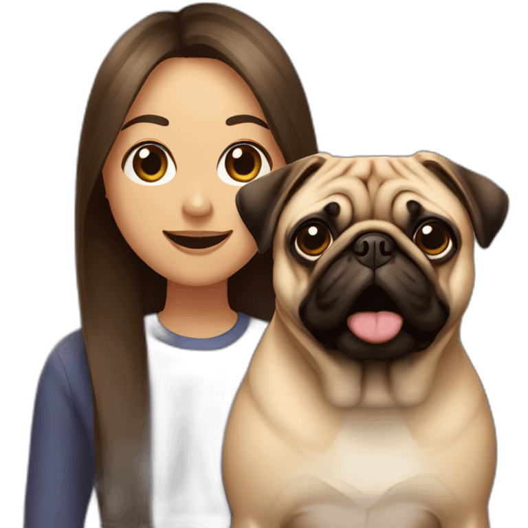 woman with long straight brown hair and a pug with its tongue out in the foreground emoji