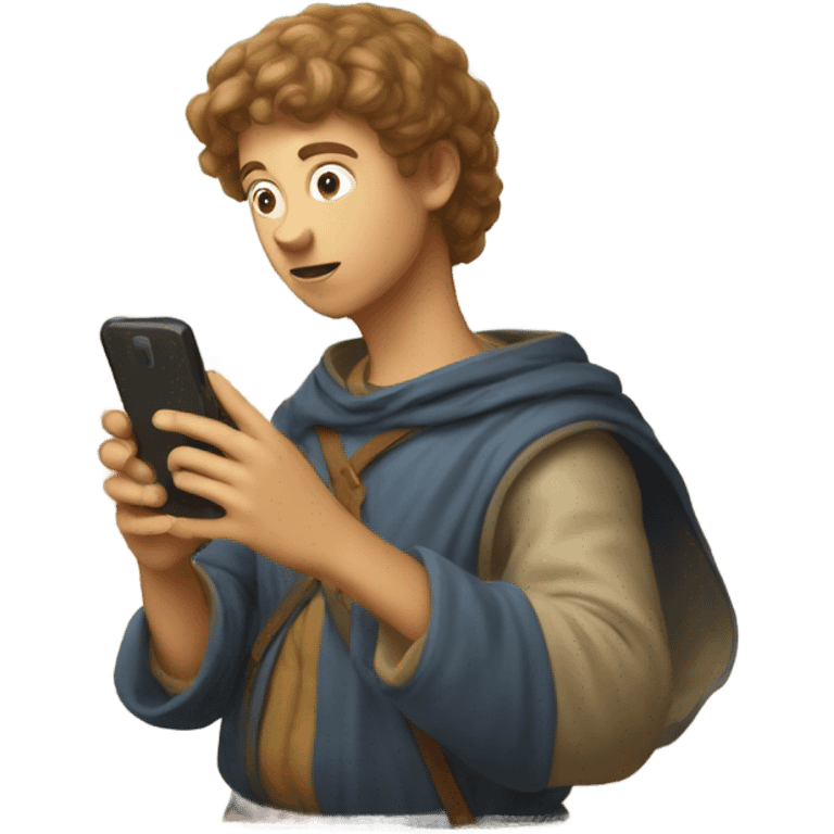 young tourist taking pictures with his cell phone of medieval fresco emoji