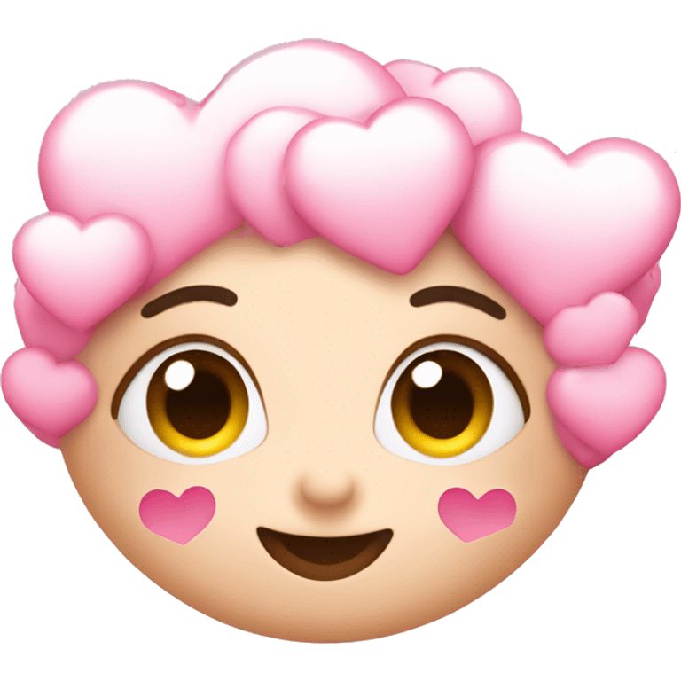 Normal face emoji with pink heart eyes and hearts also pink all around it with clouds  emoji