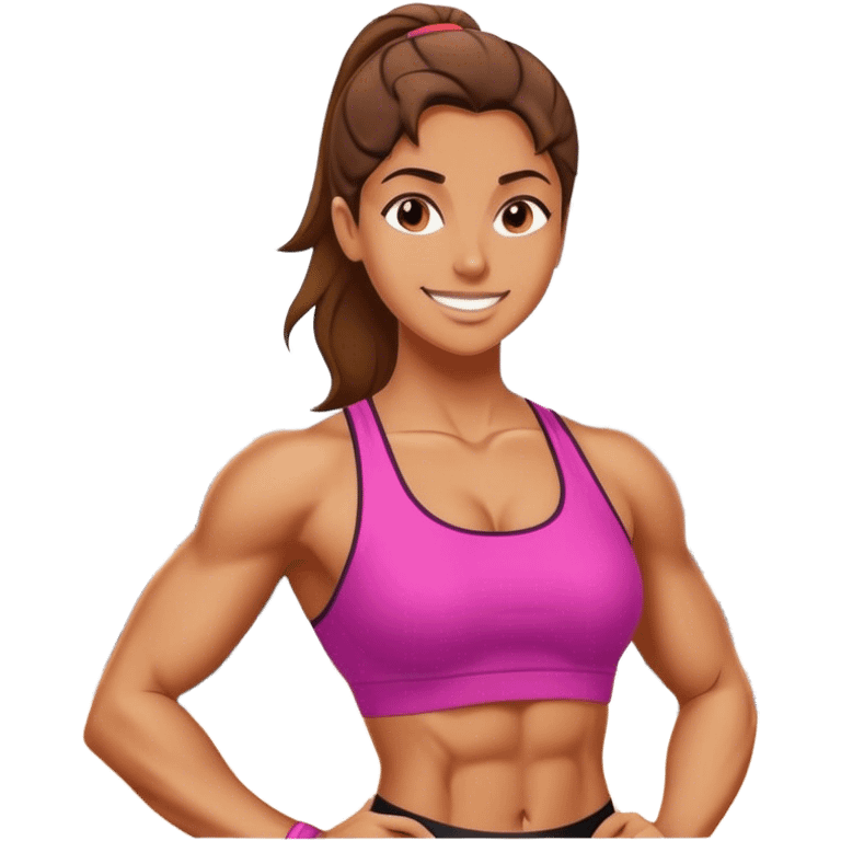 A woman in athletic wear is sweating it out in the gym, her face adorned with a confident smile, her muscles well-defined, showcasing strength and grace. emoji