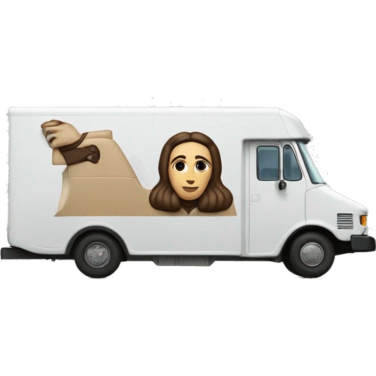 Side view of 1976 very long mail delivery truck shaped like Princess Leia emoji