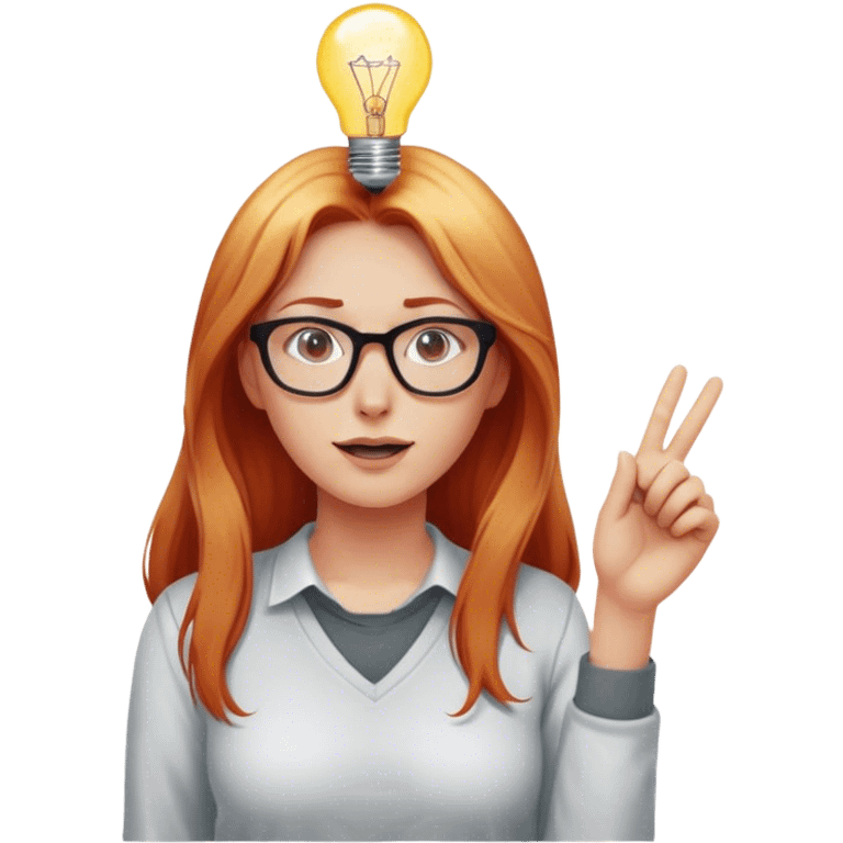 intelligent and clever, 30 year old, girl, long red and almost blond hair, glasses, has an brillant idea, one light bulb next (not over) her head in the air, casual cloth  emoji