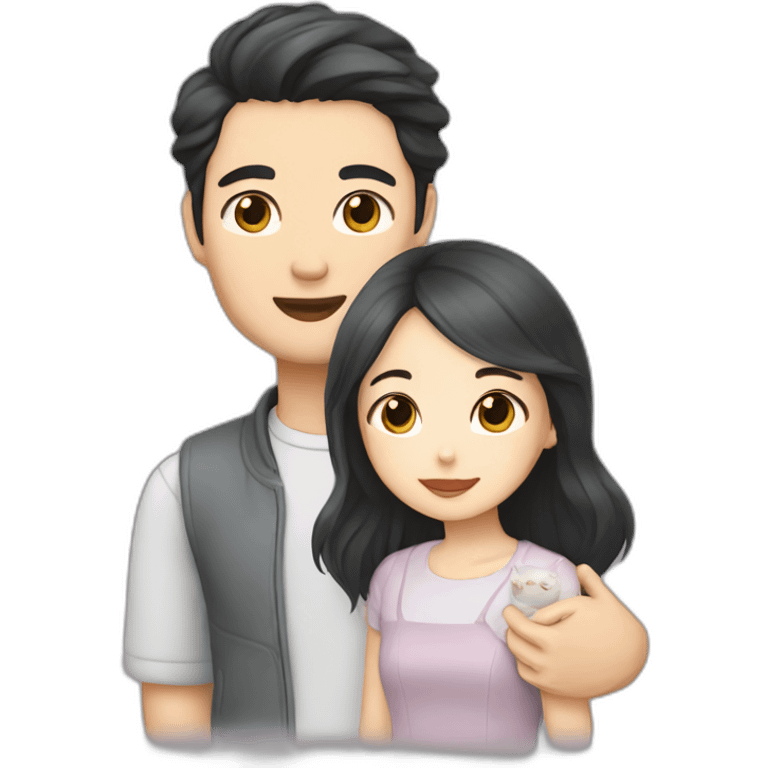 Asian couple dark hair with british grey kitten moon emoji