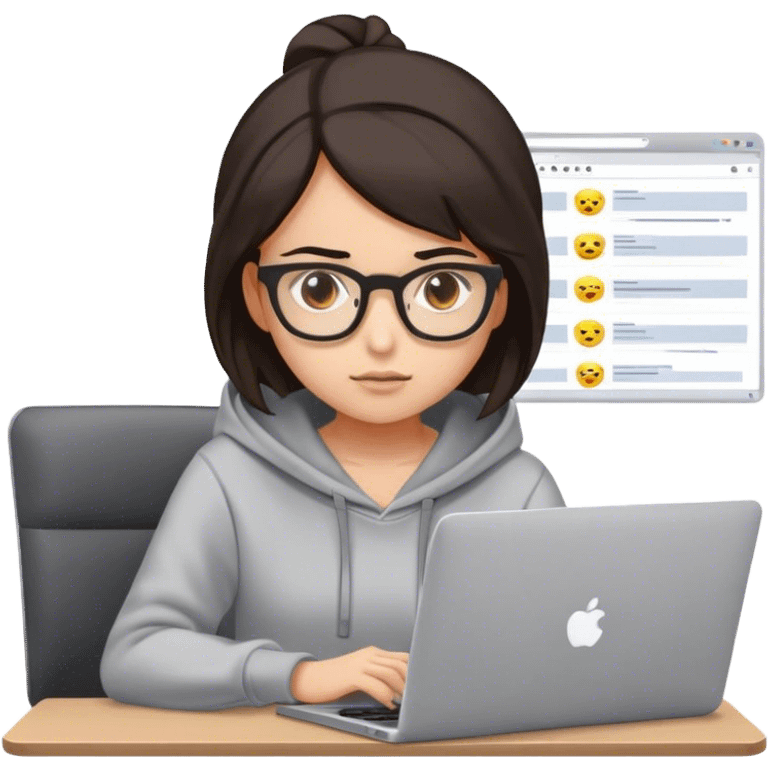 girl developer wearing glasses, medium dark hair, brown eyes coding in her laptop emoji