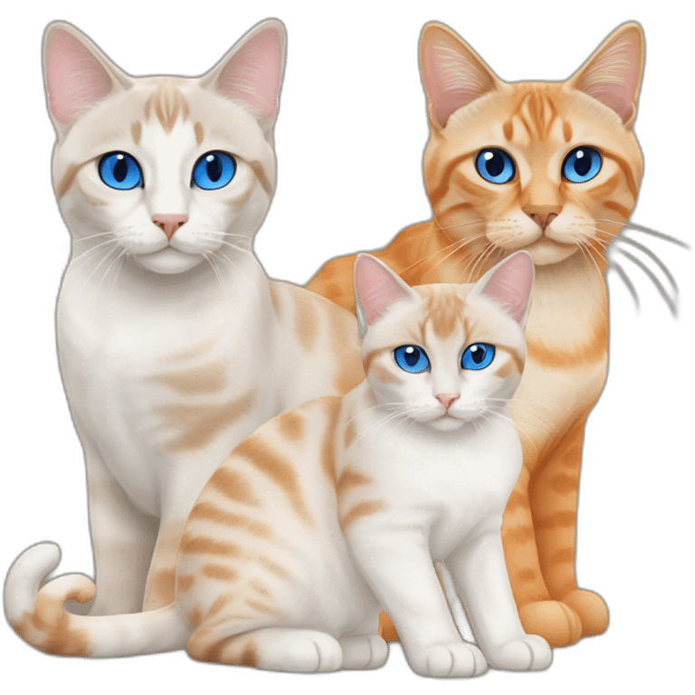 three cats, one lynx point siamese cat with blue eyes, one orange and white tabby cat, and one all orange cat emoji