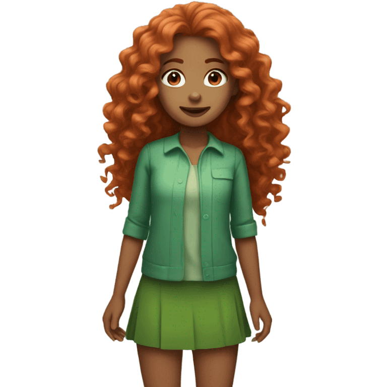 Girl with long curly red hair wearing green emoji