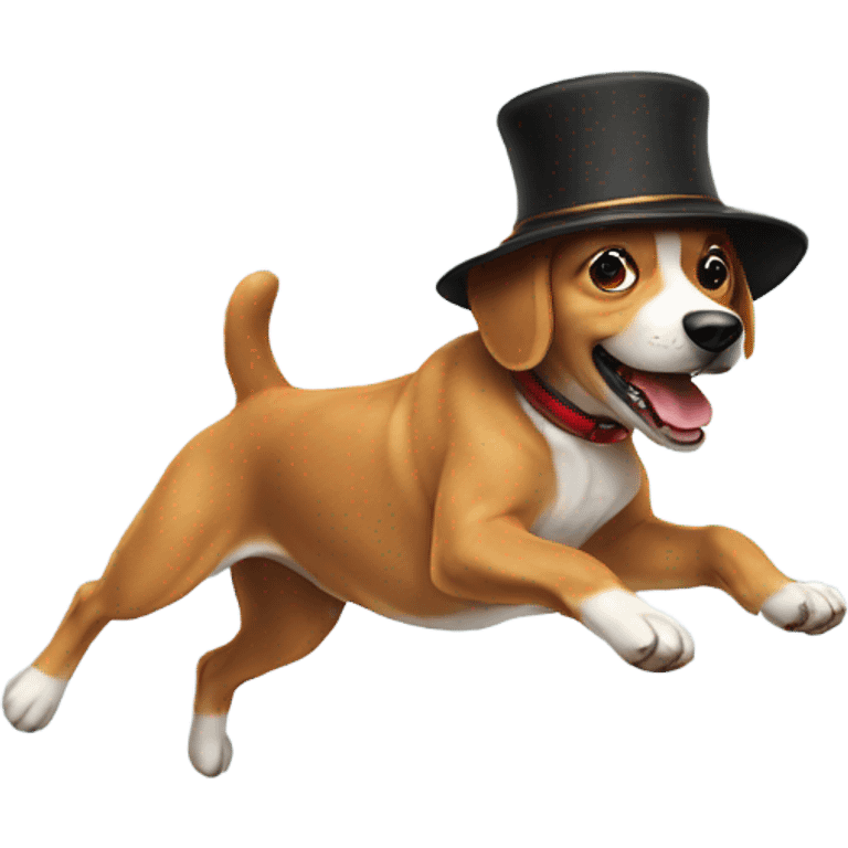 Dog jumping with a hat emoji