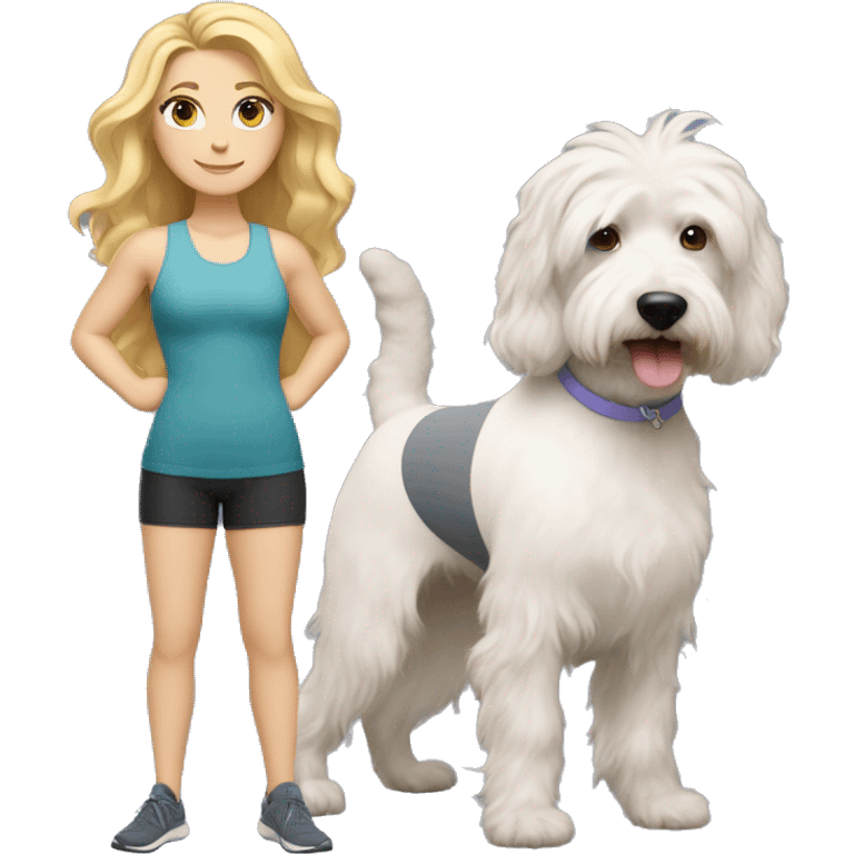 white woman with long blonde hair and cat shaped eyes wearing a yoga outfit standing alongside a tri-colored bernadoodle dog emoji