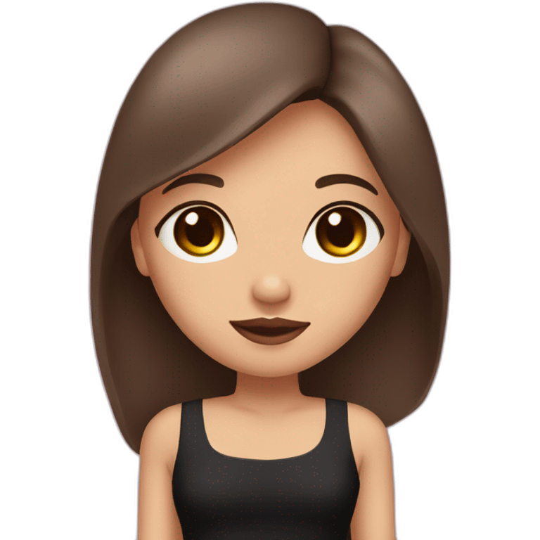 A girl with brown eyes, long straight brown hair, plump pink lips in a black dress emoji