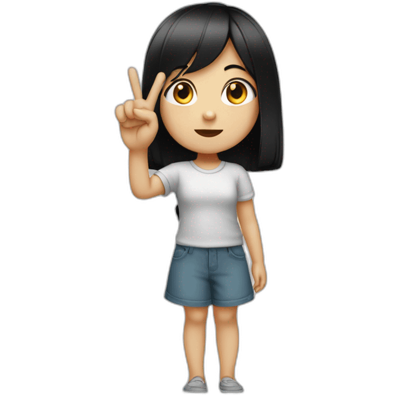 Small white skin black haired girl showing 3 fingers up, 2 closed emoji