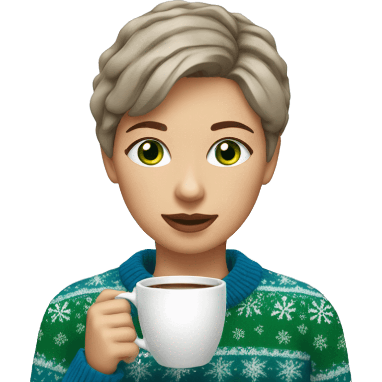 Light brown short haired girl with green eyes drinking coffee wearing blue Christmas sweater emoji