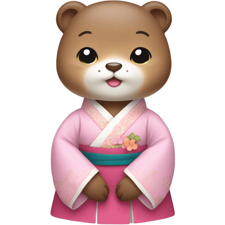 An apple otter emoji face dressed in pastel-colored traditional Korean hanbok emoji