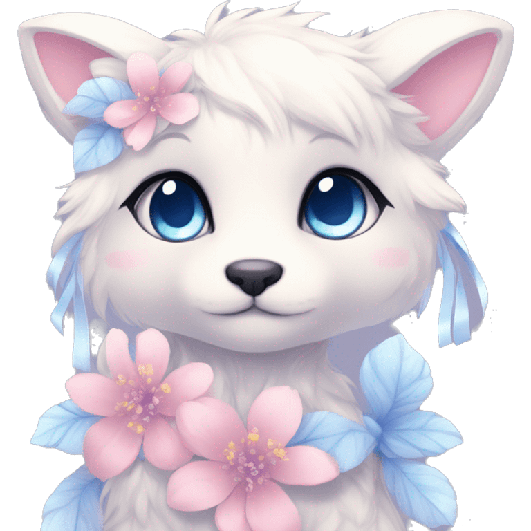 Anthro Cute Cool Blushing Pastel Innocent Shy Kawaii gorgeous sparkly ethereal fantasy anime animal creature with blue eyes furry sona with flowers and ribbons beautiful aesthetic emoji