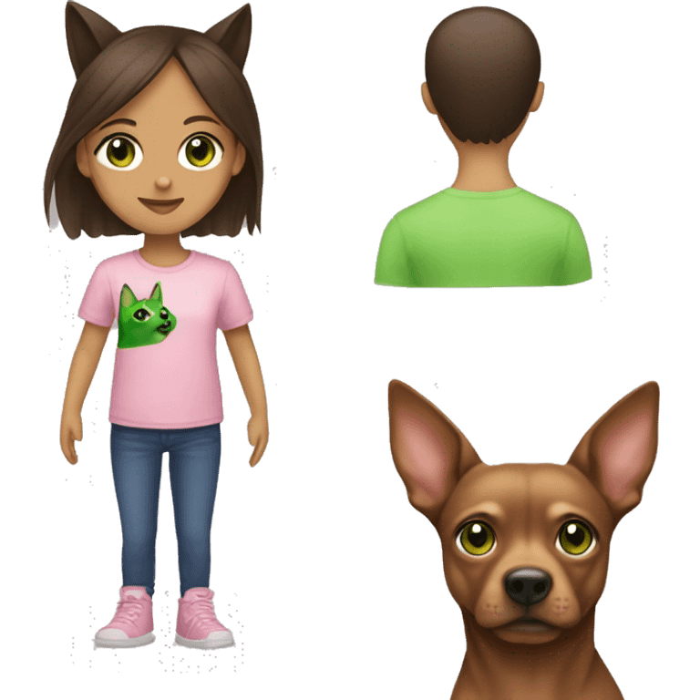 Mini brown pincher  and brunette girl with green eyes and pink t-shirt  emoji